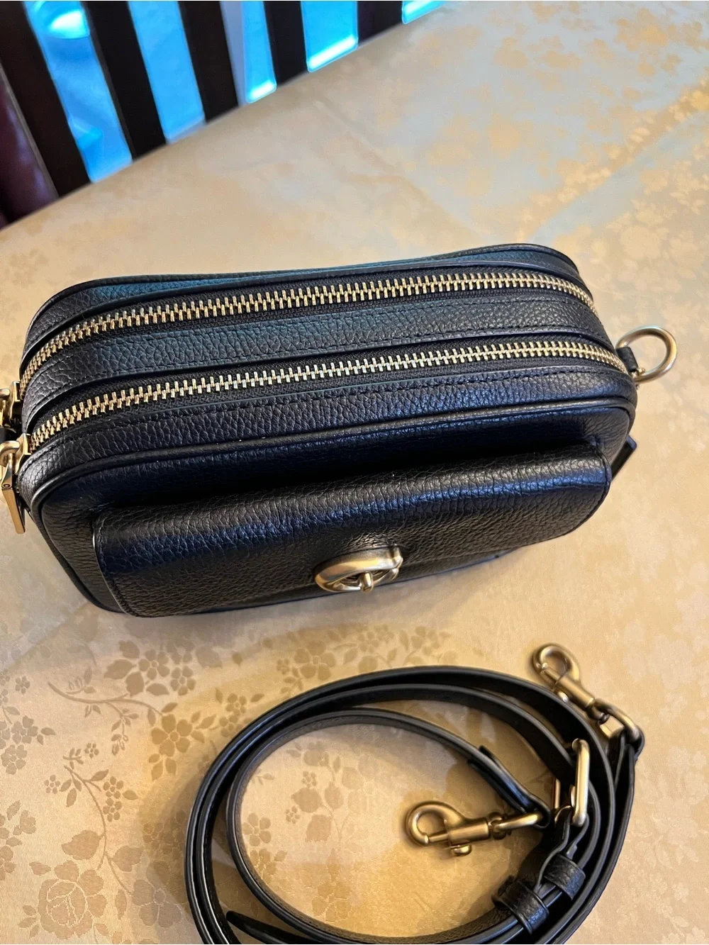 Coach Black Pebbled Leather Crossbody with Gold Turnlock; Small crossbody